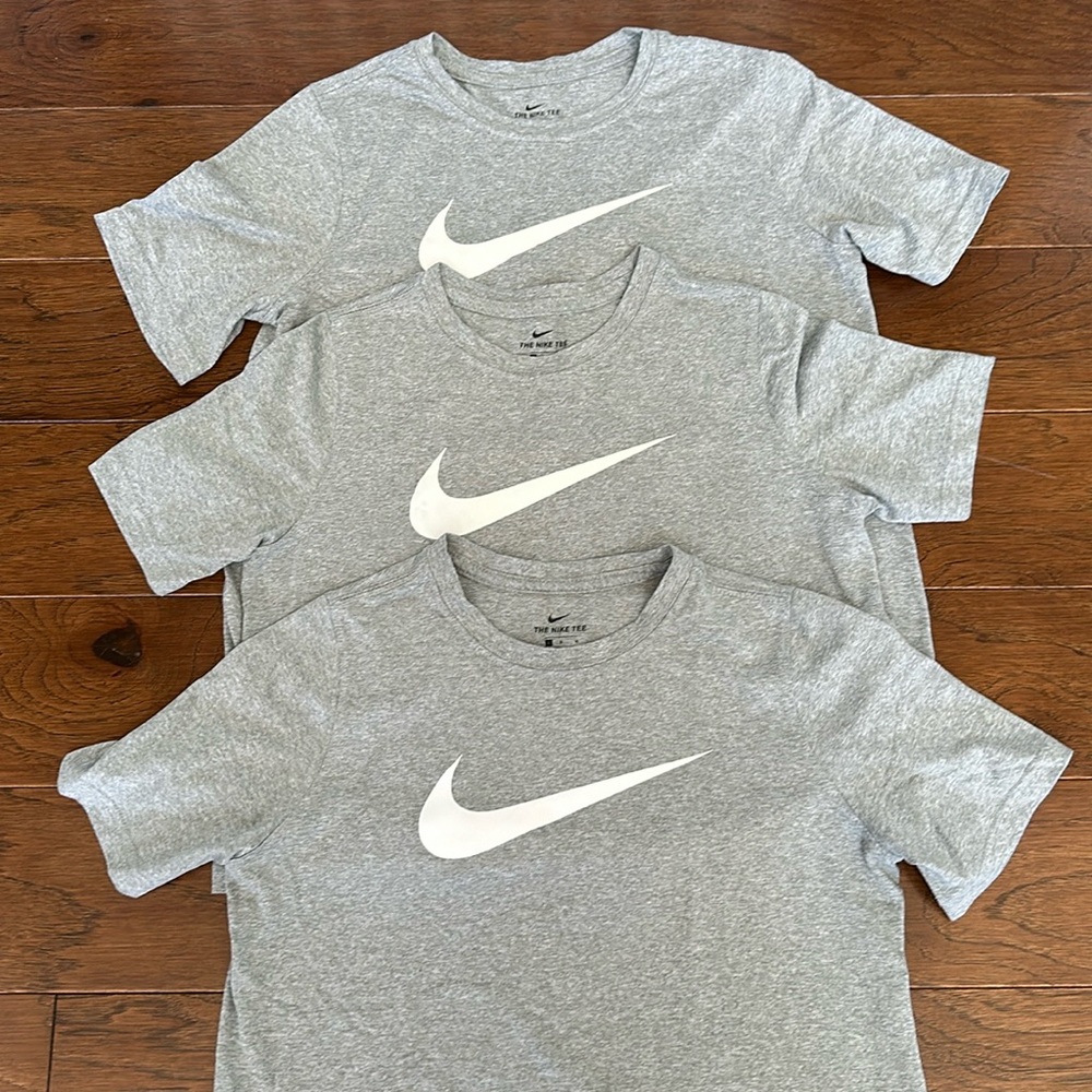 Three (3) Boys Nike Dri-Fit Gray Athletic Shirts, size L (2) and XL (1)